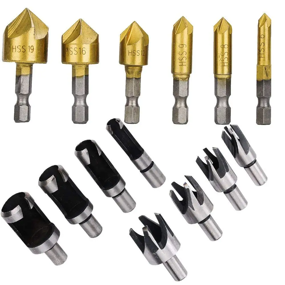 HIFROM 8 pcs 5/8" 1/2" 3/8" 1/4" Wood Plug Cutter Tool Drill Bits Set Straight & Tapered Claw Drill Bit Cutter with 6pcs Countersink drill bit set