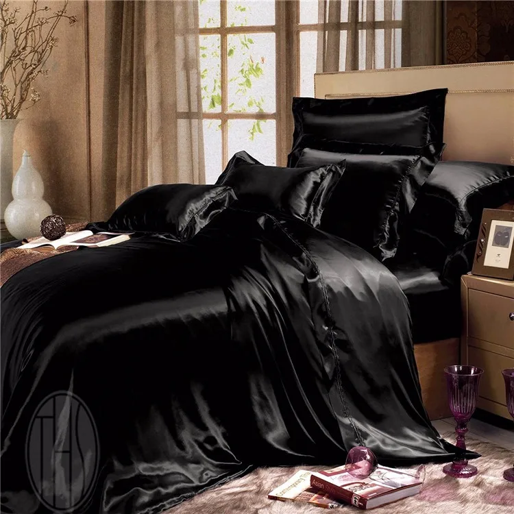 Black Satin Silk Duvet Cover Bedding Set Cushion Cover Pillow Cases Set