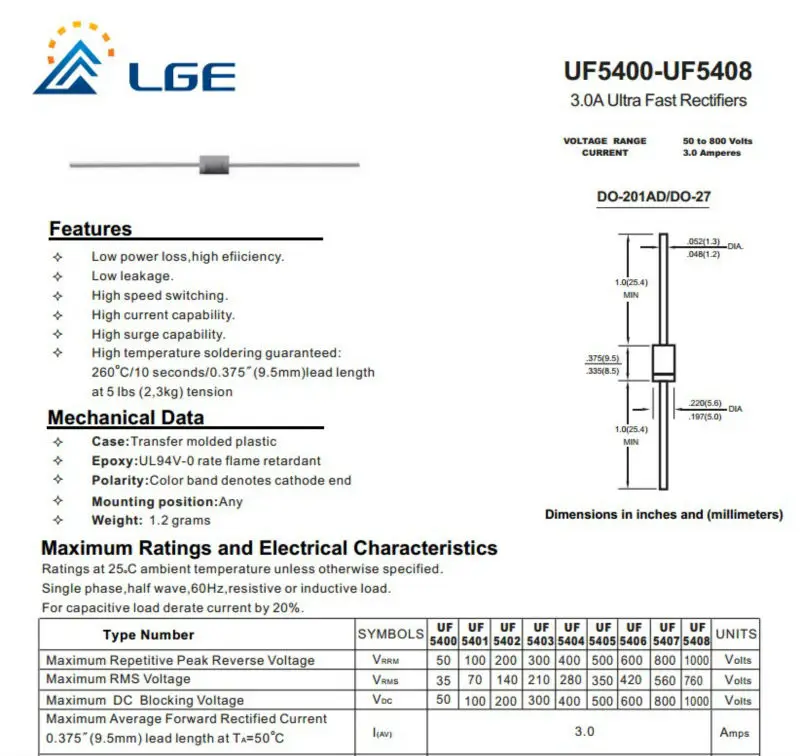 3A 1000V thru hole ultra fast recovery diode UF5408 LGE brand, View