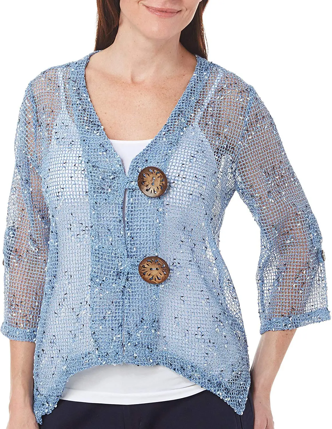 Lennie Womens Crochet Coconut Button Shrug