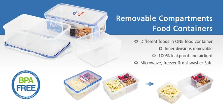 Removable 3 Compartments Plastic Food Storage Container Microwave Safe