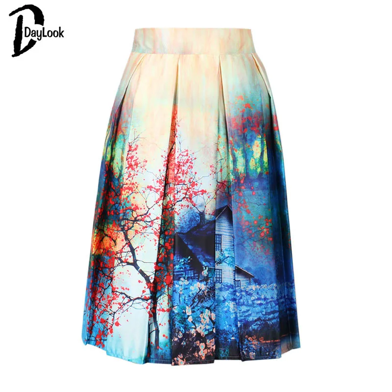 DayLook Charm Lady Casual Multi Scene Print High Waist Pleated Skater Midi Skirt High Waist Painting