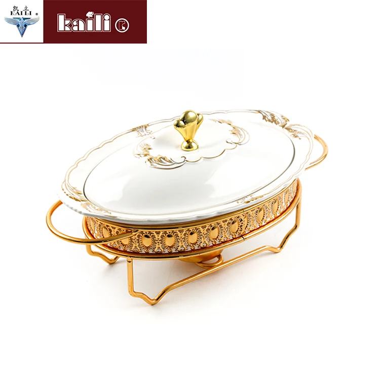 2.0l Oval Golden Ceramic Food Warmer Dish Chafing Dish - Buy Oval ...