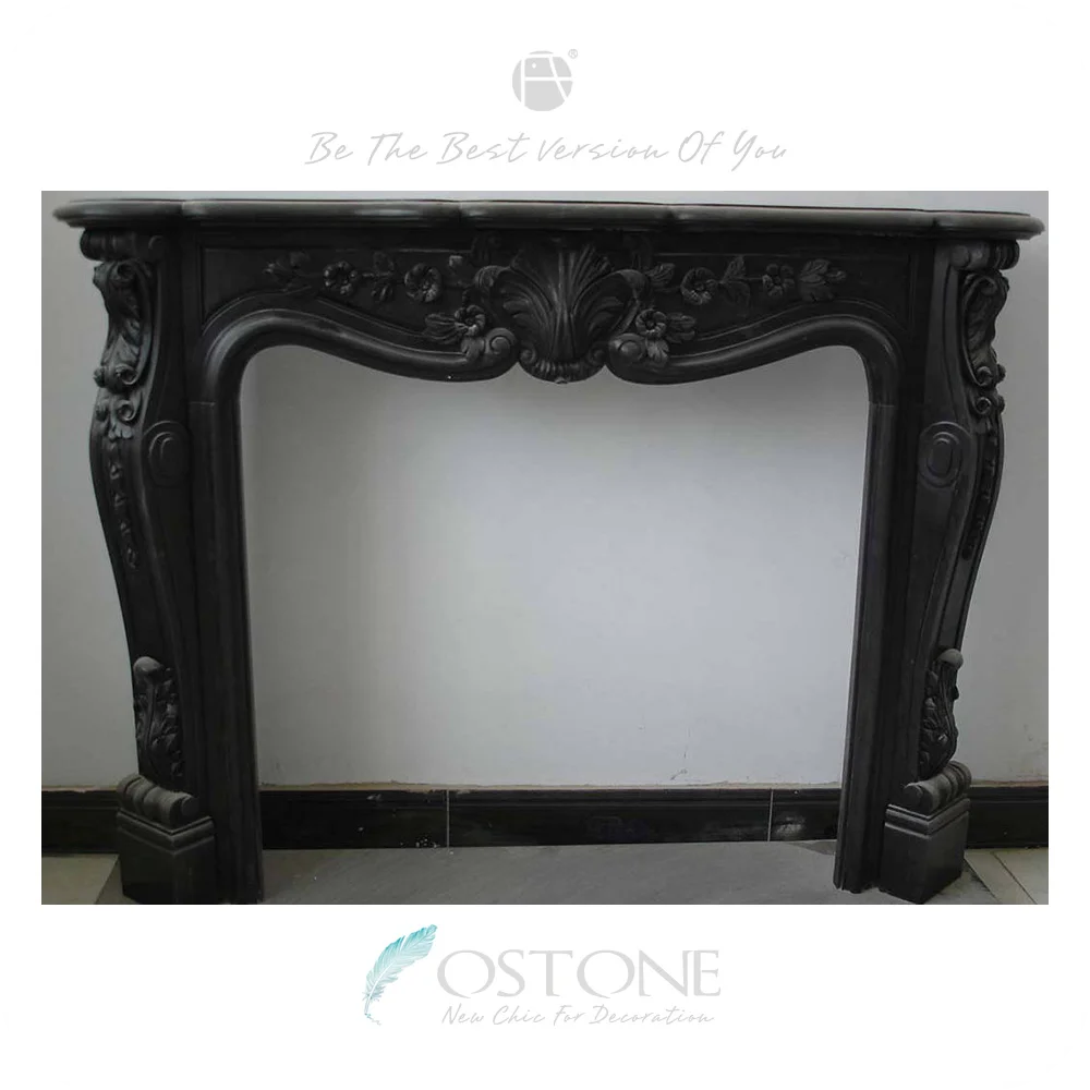 Fireproof Material Black Colored Antique Marble Fireplace Mantels