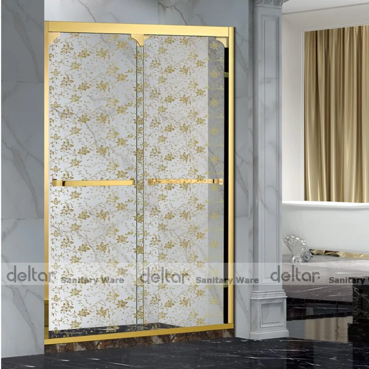 Made in China 8MM glass sliding door golden color silk print elegant hotel bathroom use shower room