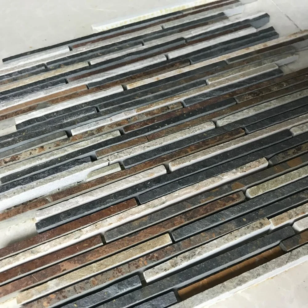 China natural split multicolor mesh strip mosaic tile slate stone floor and wall mesh tile