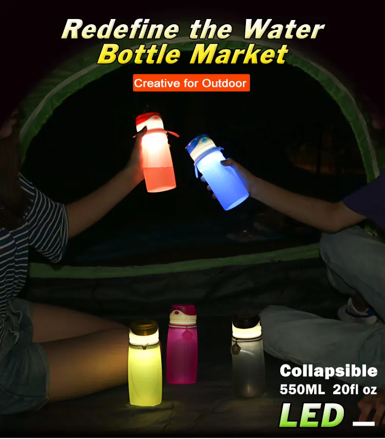 New Private Label Silicone Water Bottle With Led Light, Collapsible Led Water Bottle