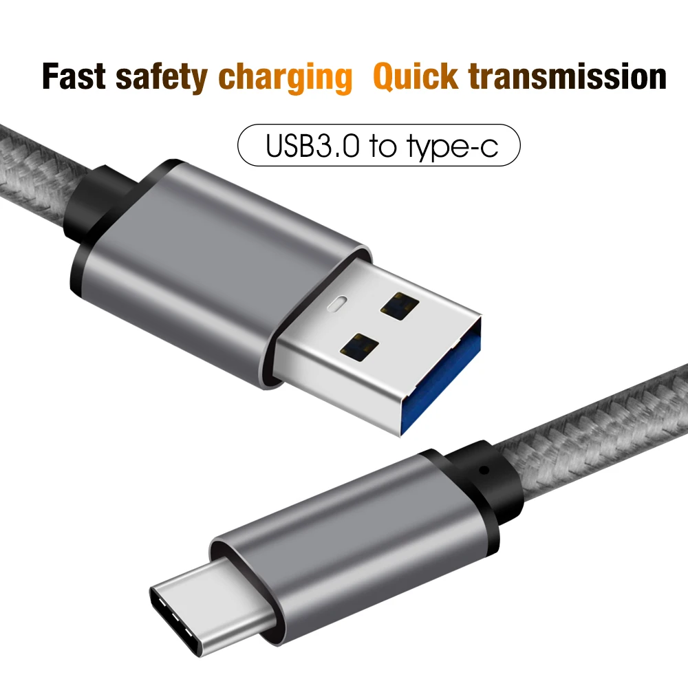 space gray nylon sleeve braided fast charging usb 3.1 type c cable to usb A