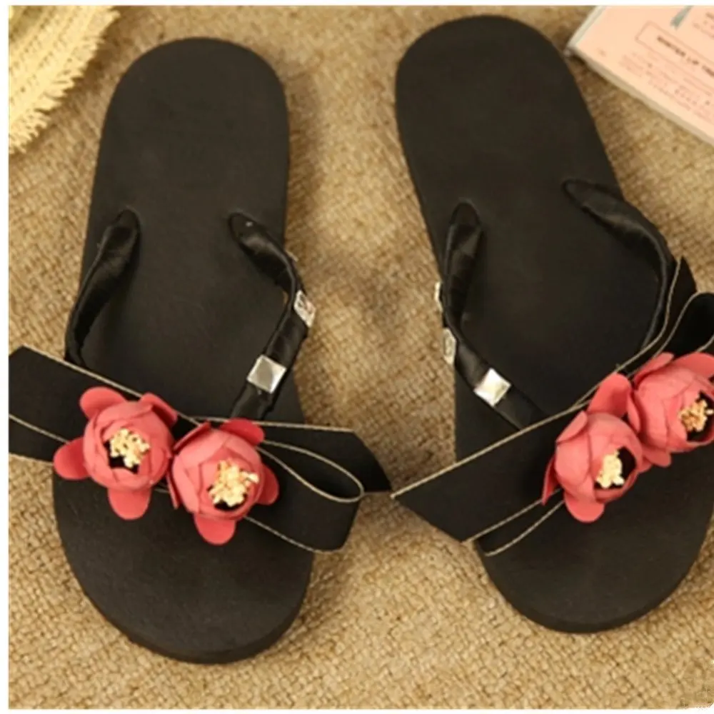 KAKA(TM) Women's Fashion Red Rose Flower Black Bowknot Rhinestone Glitter Studded Crystal Thong Sandals Flip Flops Flat Shoes Sandals(37-38)