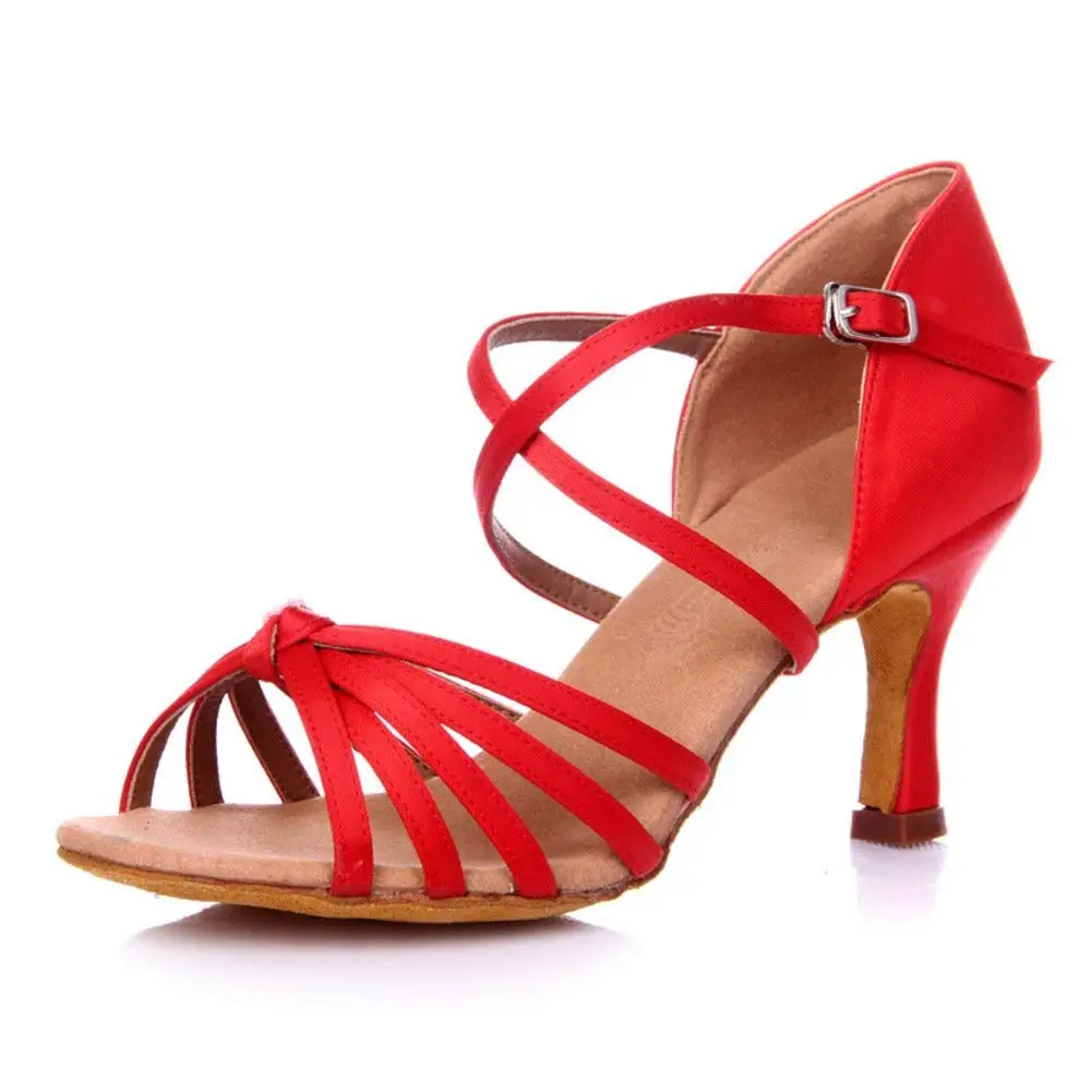 GUOSHIJITUAN Womens Red Black Latin Dance Shoes,Soft Bottom Satin High Heel Salsa Dancing Shoes Tango Social Dancing Shoes