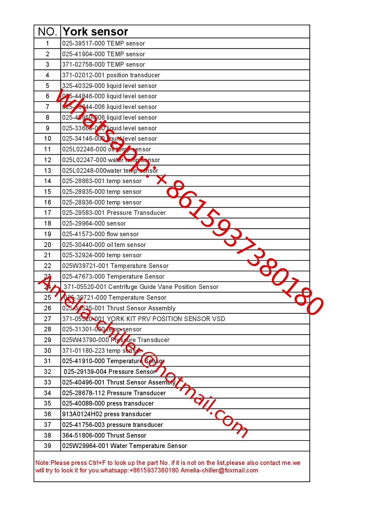 york chiller parts list