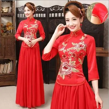 The new bride red suit dress lace applique toast reception improved cheongsam suzhou wholesale