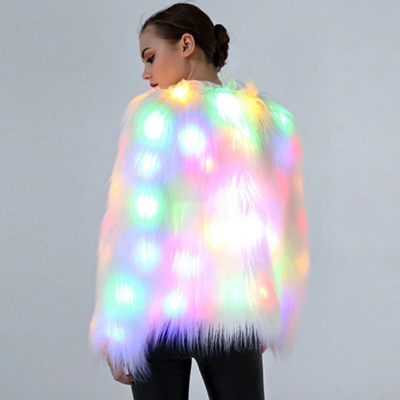 Fashion Women Faux Fur Coat Led Lights Plus Size Christmas Costumes Fur Jacket Festival Winter Warm Party Club Outwear