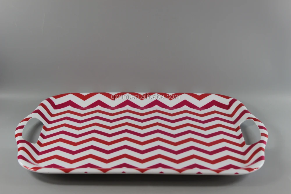 Red Strip Print Melamine Serving Trays With Handles