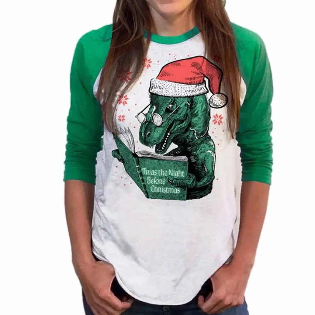 Junshion Womens Christmas Dinosaur Print Patchwork Long Sleeve Sweatshirt Tops Blouse
