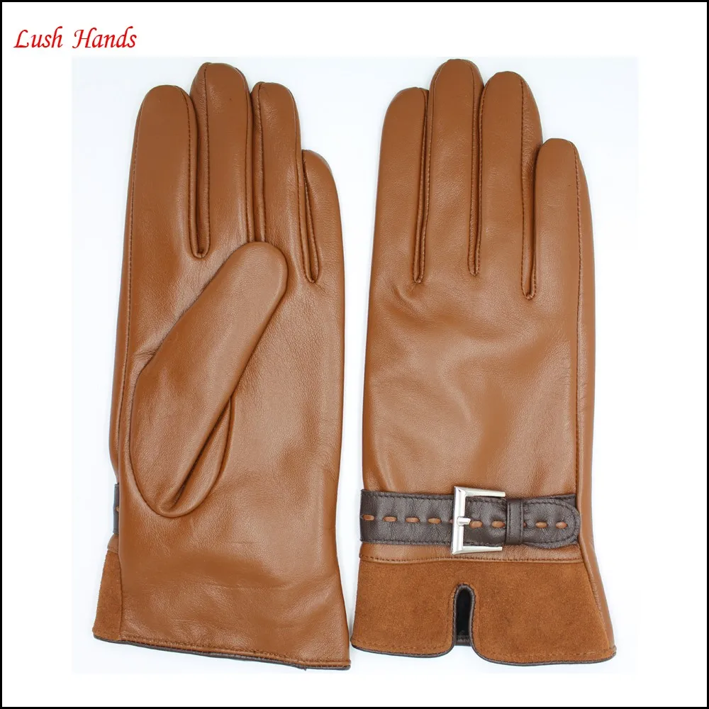 women's brown sheepskin leather gloves and pigsuede eather whose palm touch screen