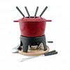 Enamel Cast Iron Fondue Set/Fondue pot with wooden base,Forks 6-pack