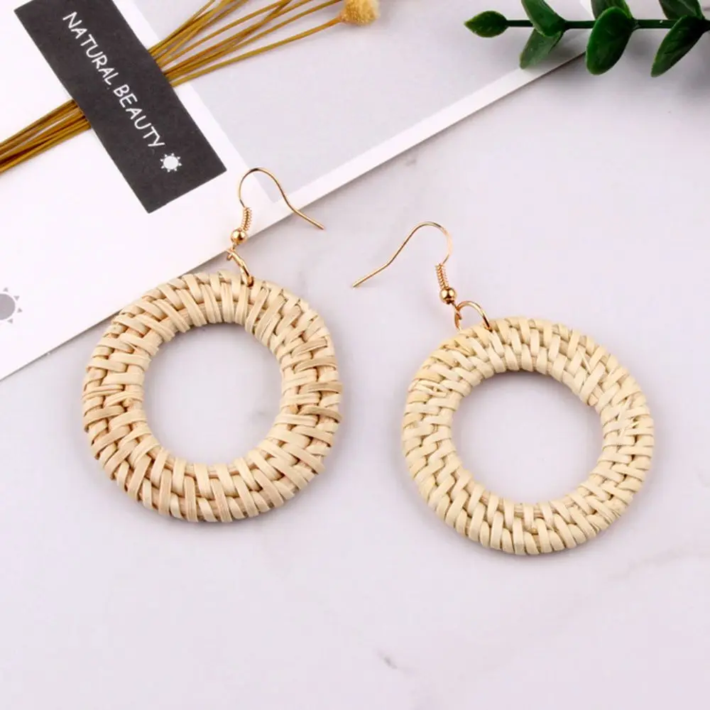 Woven Rattan Earrings Boho Straw Wicker Braid Drop Dangle Earrings