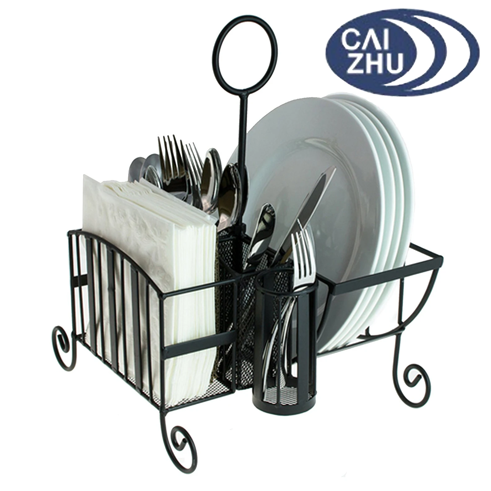 Black Metal Mesh Kitchen Picnic Buffet Caddy Holder For Utensil,Plates