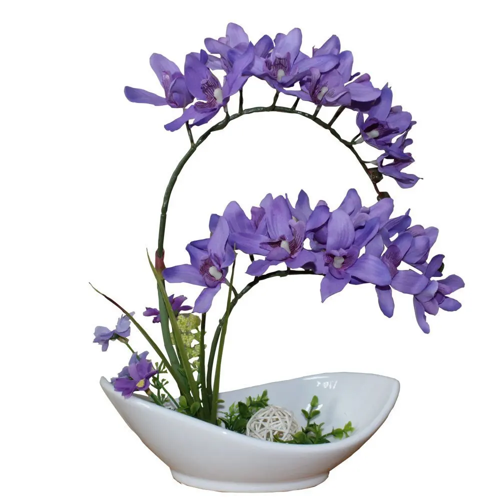 Huazhiwu 12" Thailand Phalaenopsis Orchid Arrangements Real Touch Silk Artificial Flowers Ceramic Bonsai Pots, Purple
