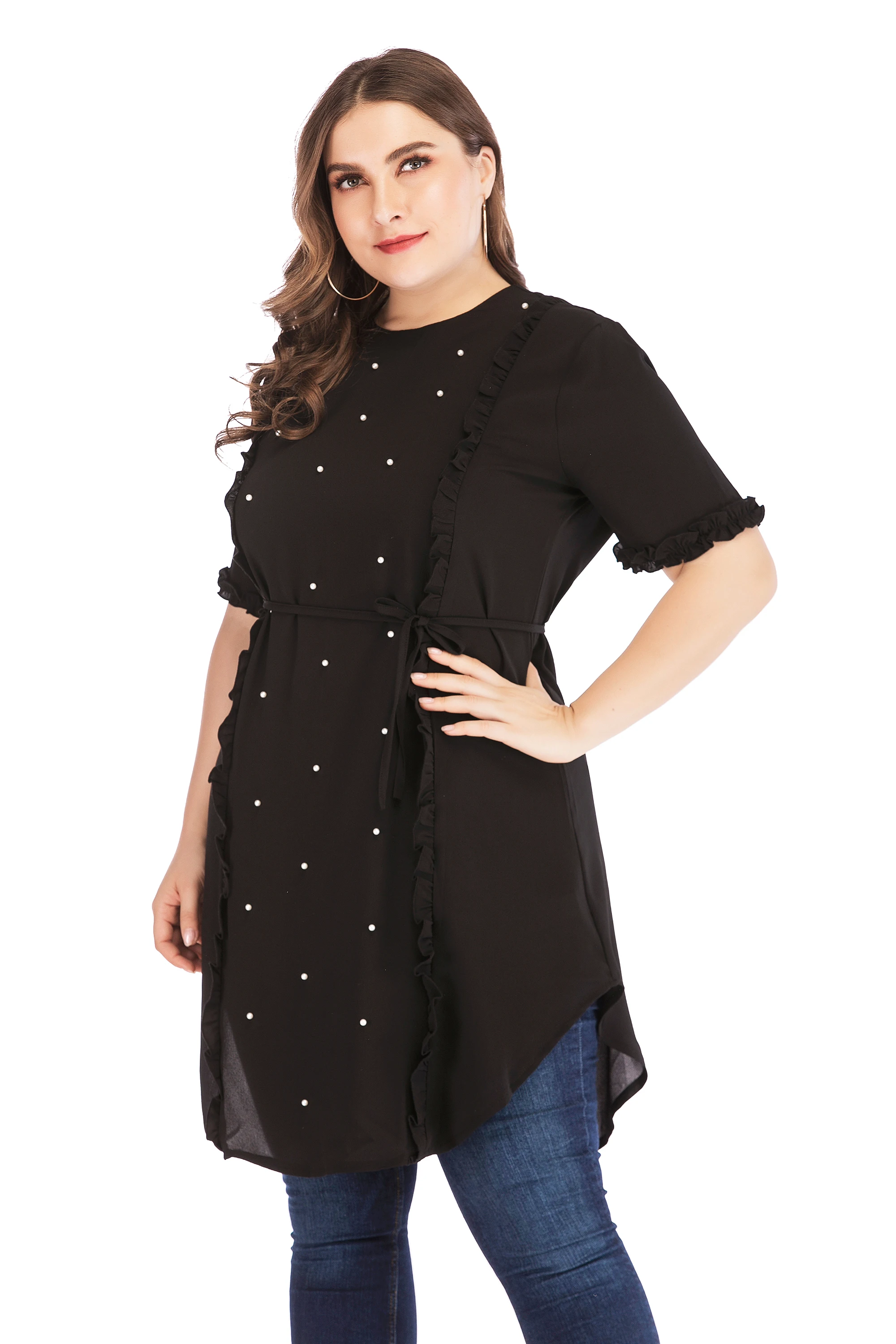 2142 Australia Elegant Oneck Beading Long Chiffon Blouse Long Sleeve