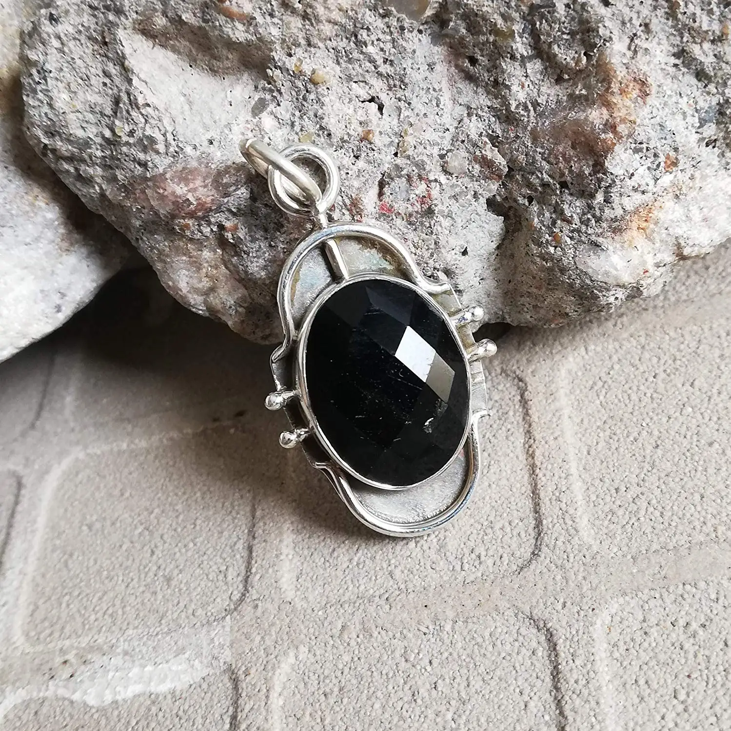 Black Onyx Pendant, 925 Sterling Silver, New Design Pendant, Original Handmade, Checkered Gemstone Pendant, Sister Gift Pendant, Healing Pendant, Natural Pendant, Extraordinary Pendant, Boho Chic