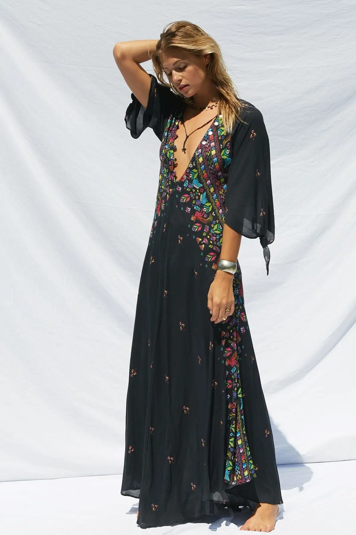 New Floral Print Fashion Bohemian V-Neck Button Dress Asymmetrical Long Dress