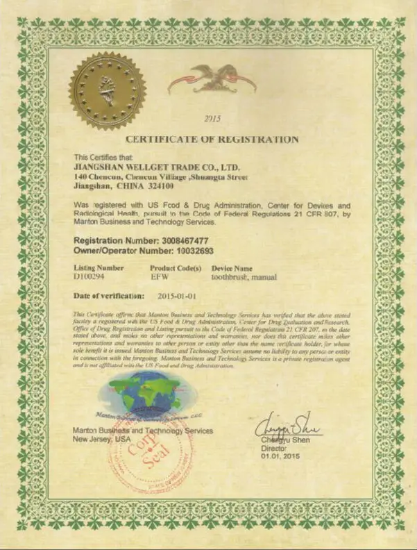 Toothbrush- FDA certificate