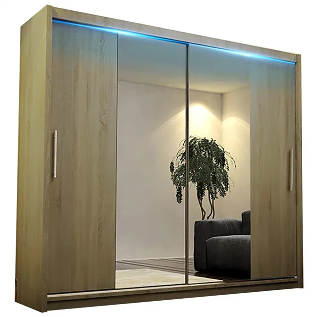 Oak Color Modern Bedroom Mirror Sliding Doors Wardrobe with LED Light