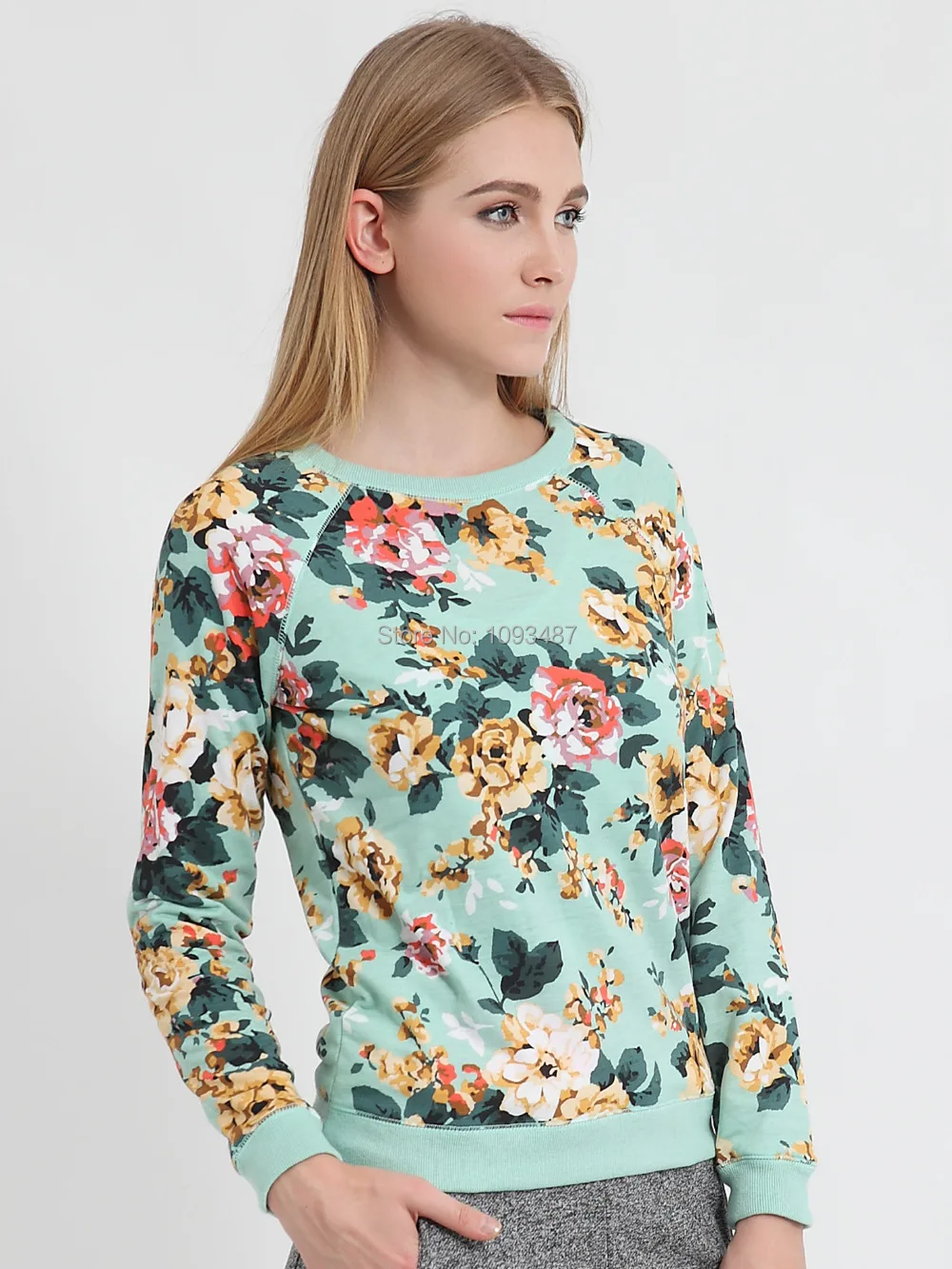 Harbeth 2016New Spring autumn women sweatshirts floral pullover casual hoodies cotton Terry printed O neck long