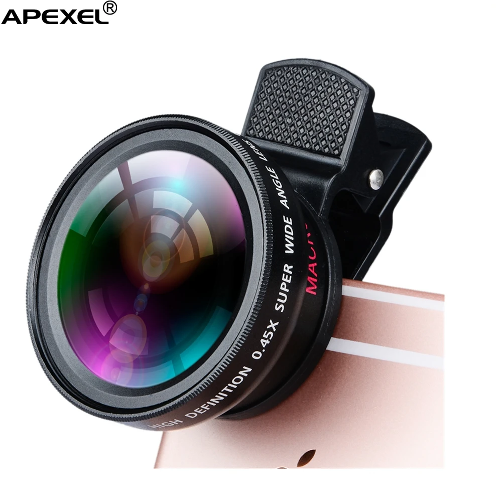 Объектив для iphone 15 pro. 0.45X Phone Lens. Макролинза Apexel. Объектив Apexel 2 в 1, 0.45x широкоугольный + 12.5x макрообъектив. 0.45X Phone Lens mobile Phone & Camera 37mm 0.45x 49uv super wide Angle + macro Lens.