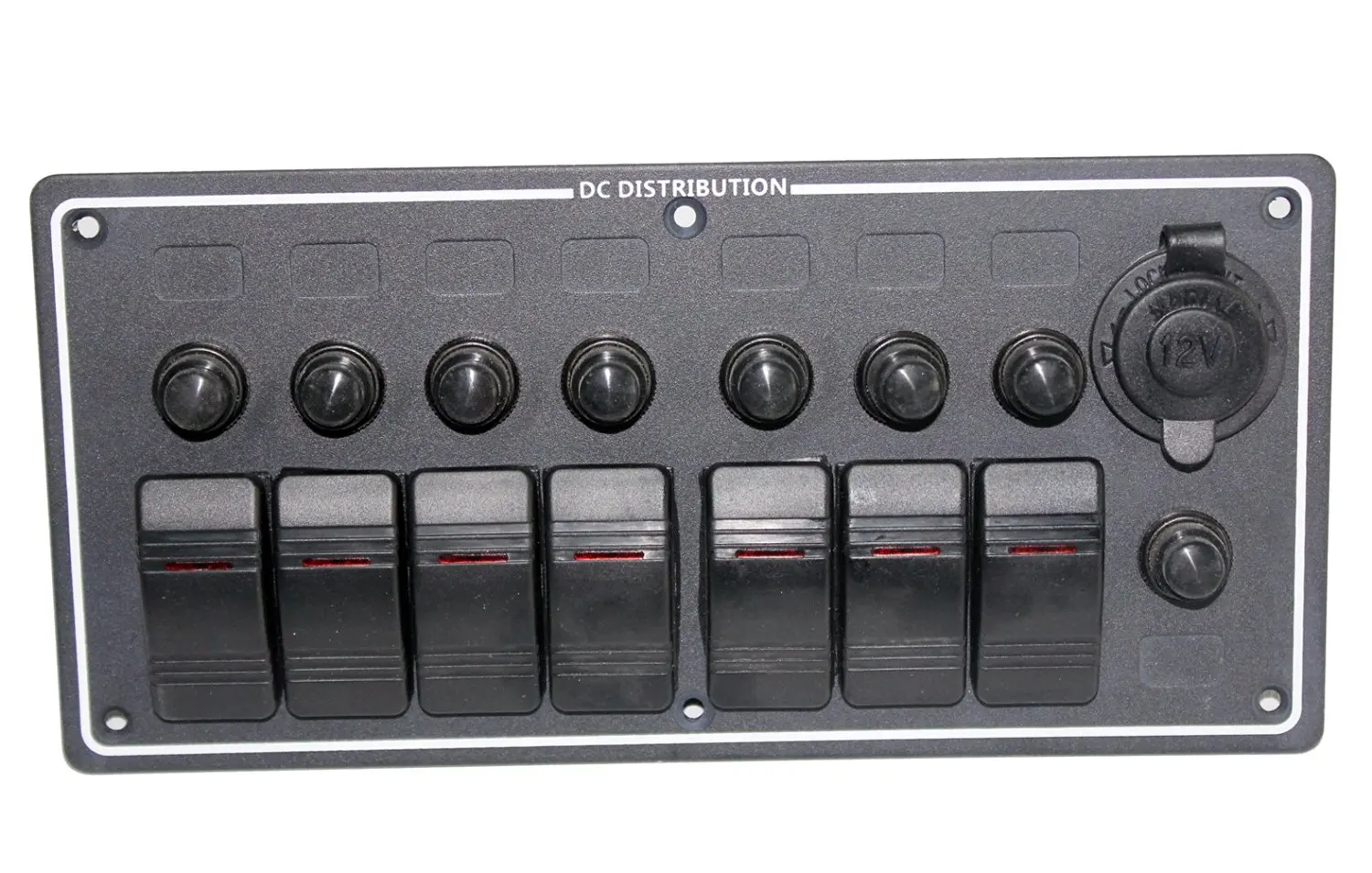 7 Gang DC 12V LED Boat Rocker Switch Panel With Overload Protecter Circuit Breaker Cigarette Socket Voltage Meter.