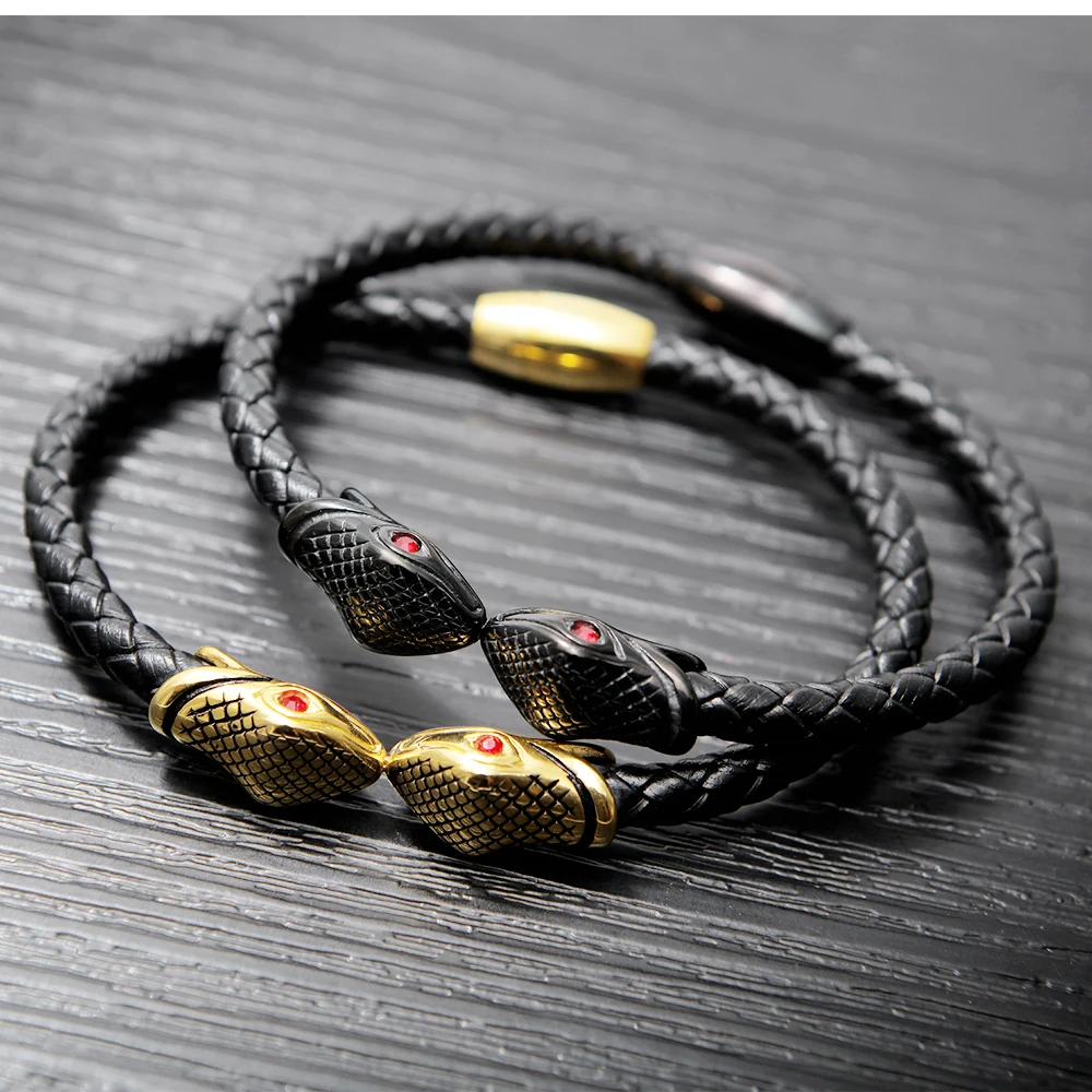 Custom Wholesale Mens Jewelry Braided Leather Stainless Steel Black Double Snake Bangle