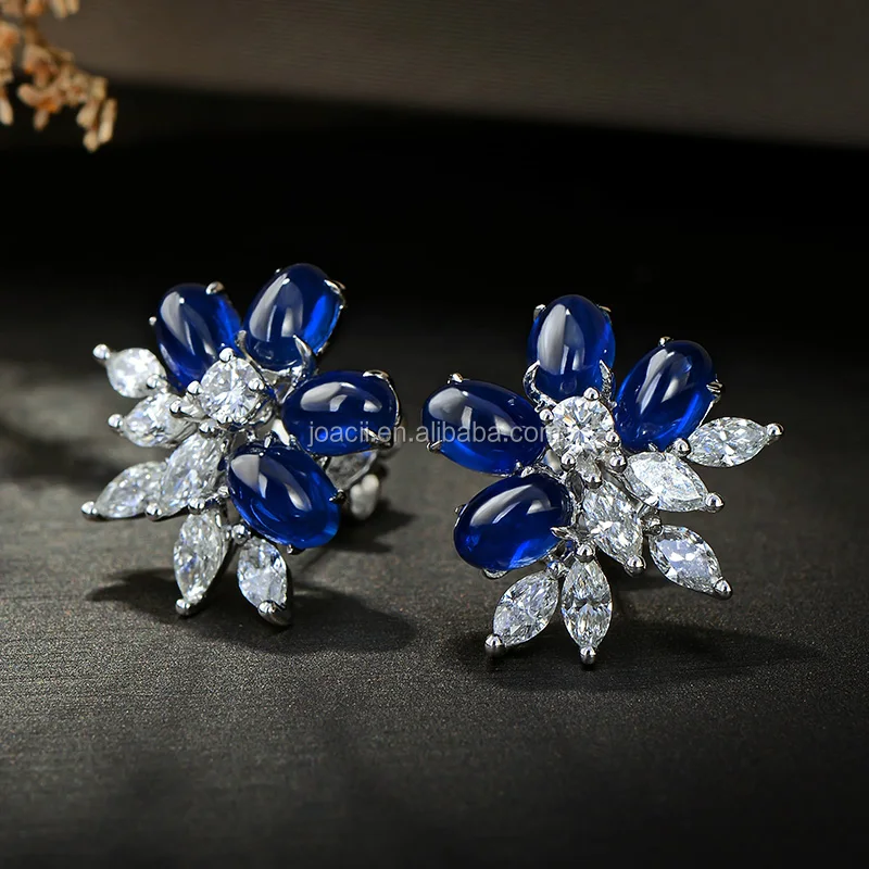 Joacii Oval Shape Sapphire and Zircon Diamond Silver Stud Earrings