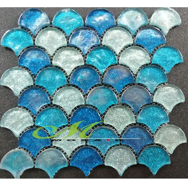 Thickness 8mm Mix Blue Fan Shape Glass Mosaic Tile For Kitchen Bathroom