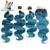 Ombre Black Light Blue Body Wave Hair Bundles Seven Girls Hair No Tangle Top 9A Grade Brazilian Human Hair Sew In Weave