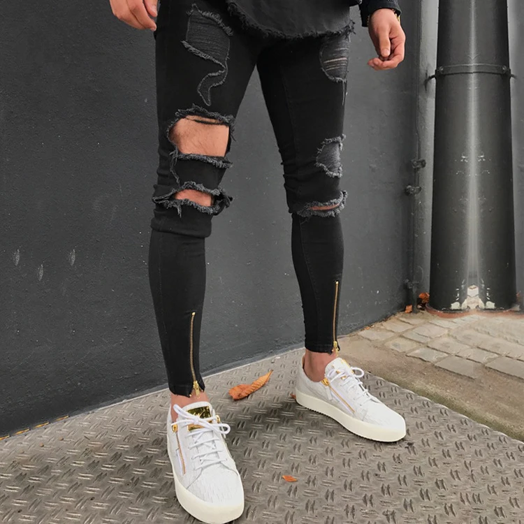 La Rodilla Rasgado Vaqueros Super Skinny Tobillo Cremallera Hombres Jeans  Pantalón Elástico De La Marca De Diseñador De Ropa De Moda De La Calle Slim  - Buy Vaqueros De Los Hombres Pantalones
