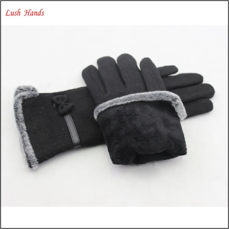 ladies wholesale fashion black micro velvet hand gloves with fur ending