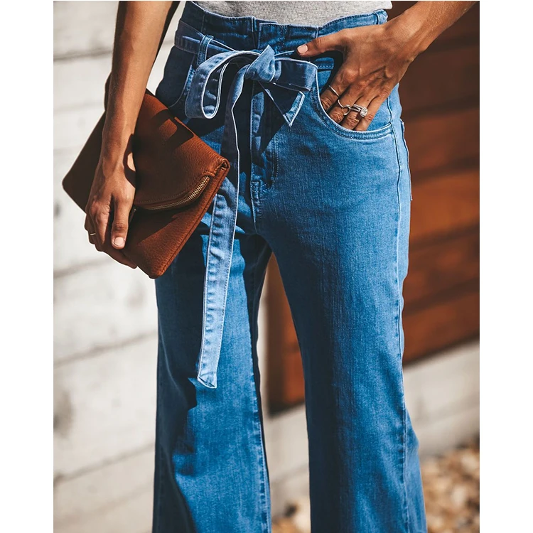 Flare Jeans Women High Waist Blue Jeans Wash Vintage Wide Leg Belted Stretchy Denim Jeans Women