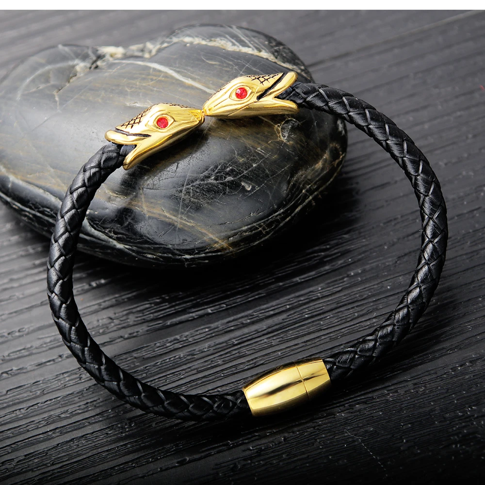 Custom Wholesale Mens Jewelry Braided Leather Stainless Steel Black Double Snake Bangle