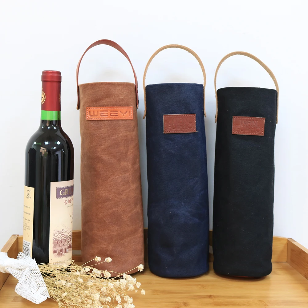 Waxed Canvas Brown Wine Bottle Tote Bag With Leather Strap Buy Brown