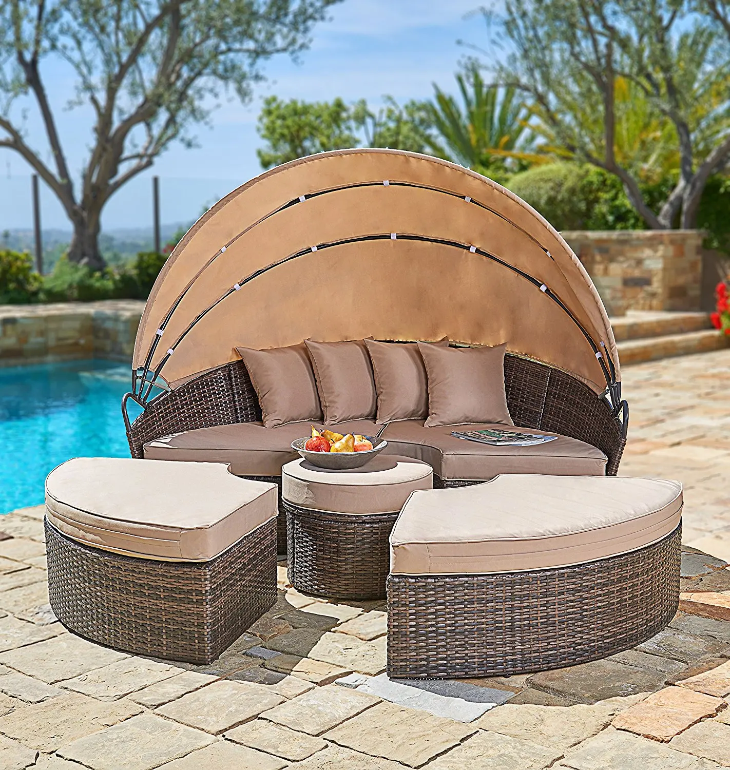 Anyaman Rotan Outdoor Furniture Dengan Tempat Duduk Ditarik Kanopi Clamshell Buy Outdoor Furniture Mebel Rotan Clamshell Clamshell Wicker Furniture Product On Alibaba Com