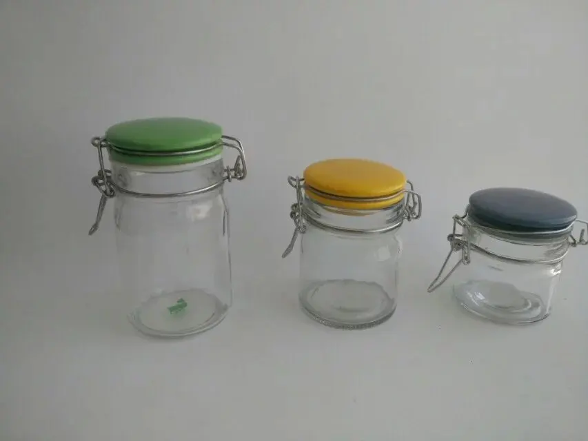 Wholesale weck style glass jar with clip , various glass storage jar with metal clip and silicon seal