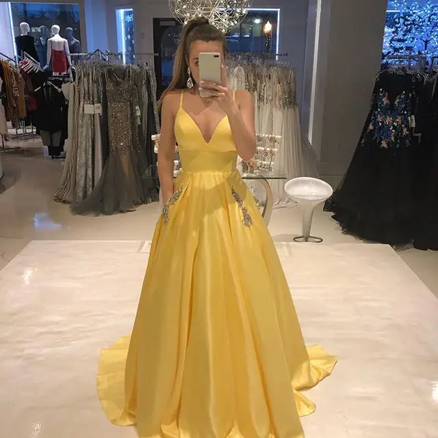 yellow long evening dress