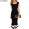 New Elegant Ladies Guipure Patchwork Design Bodycon Dress Black White Ruffle Midi Dresses