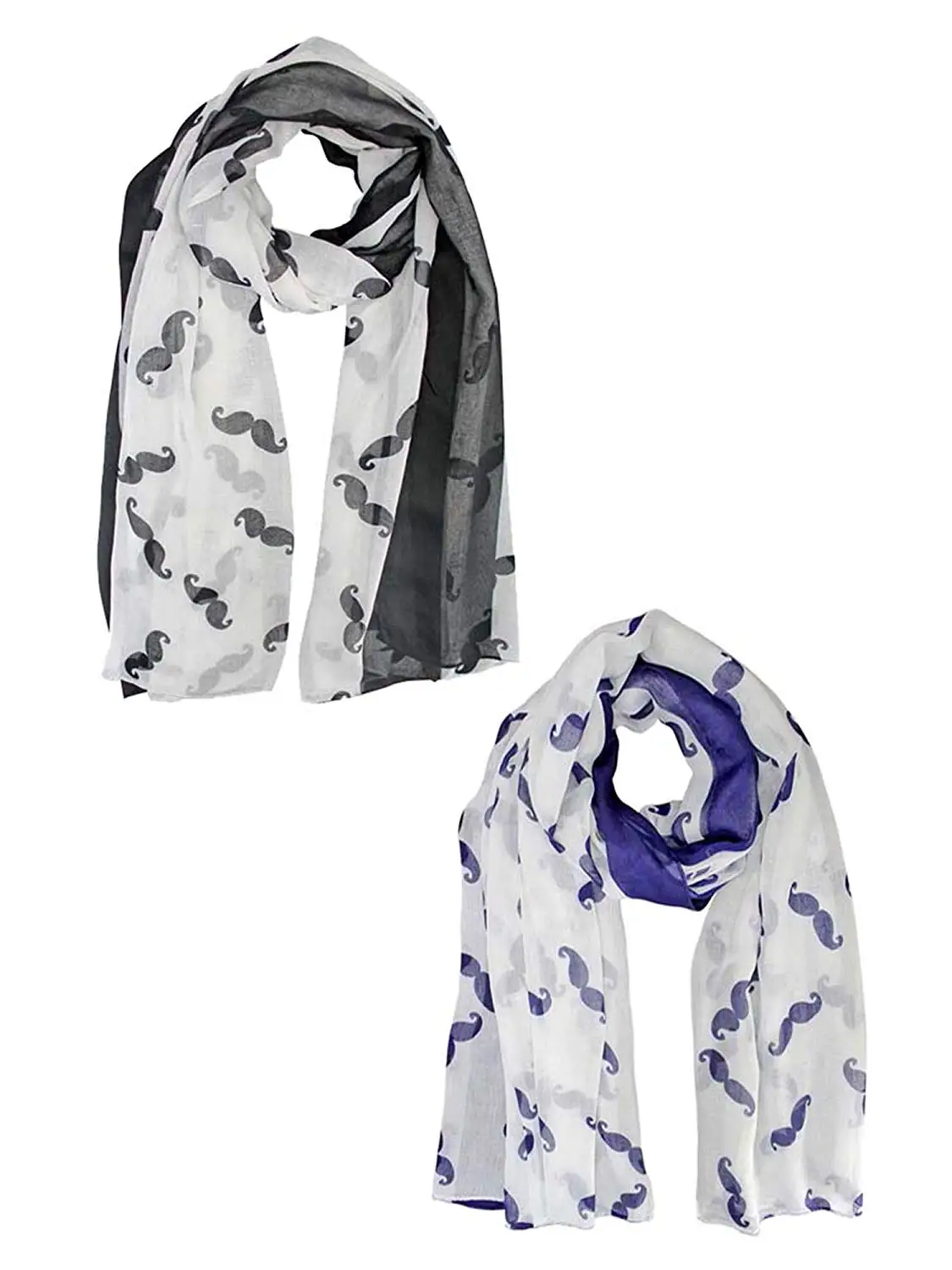 Black & Blue Sheer Mustache Fashion Print Scarf 2-Pack Set
