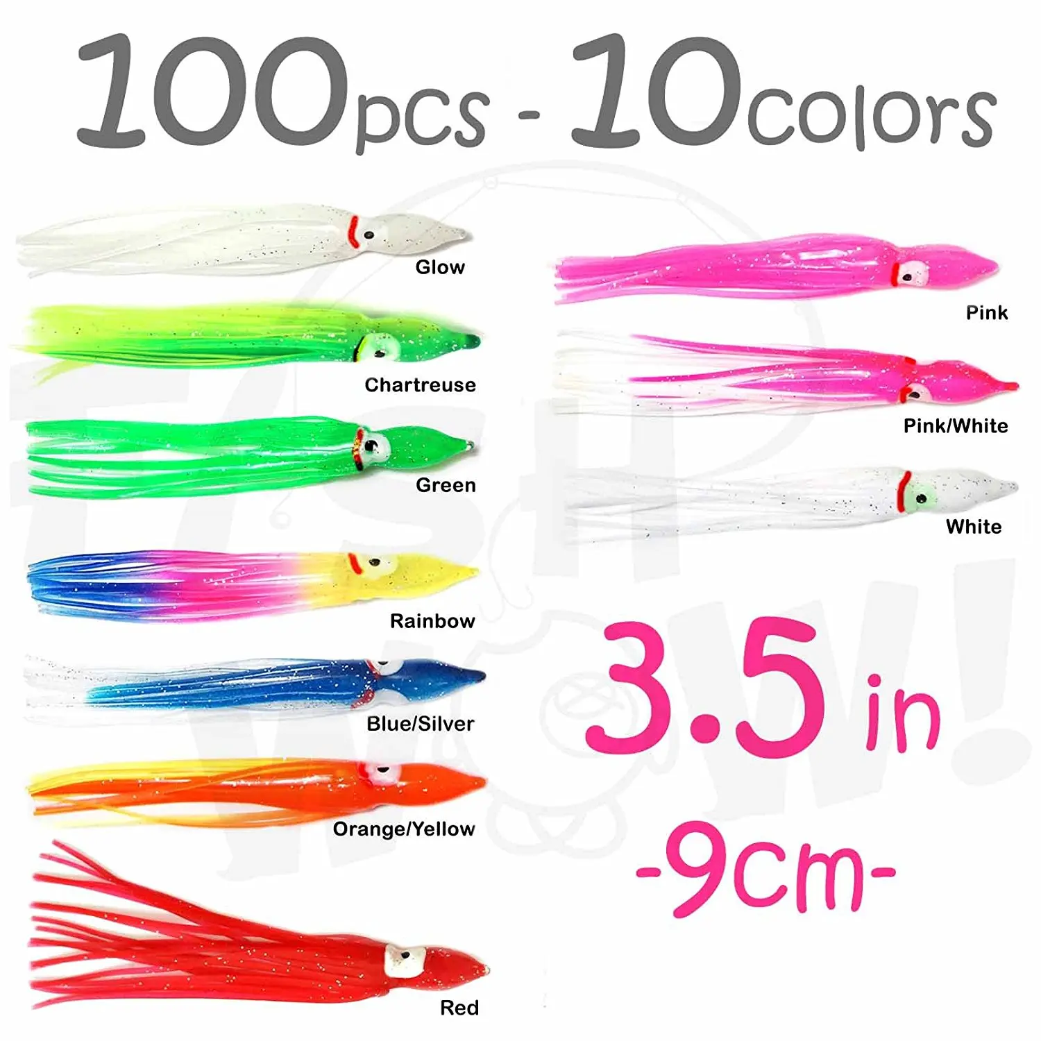 100pcs 5/" Squid Skirts Wave Hoochies Fish soft Lure Octopus Bait Glow Blue Black