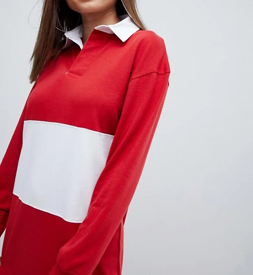Custom Women's Red/white Long Sleeve Block Rugby Shirt Dress With