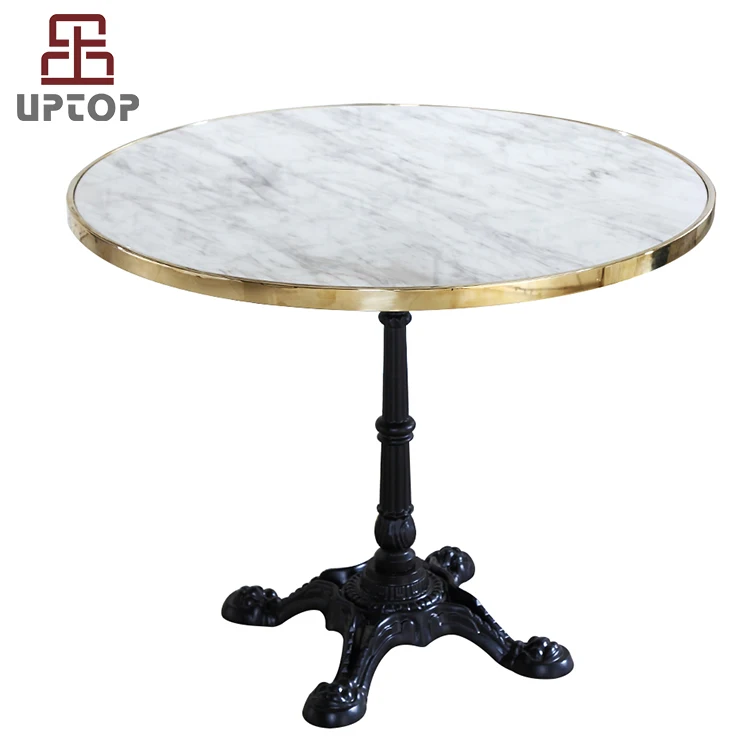 Table Ronde 60cm Style Bistrot Pied Metal Noir Plateau Marbre Noir