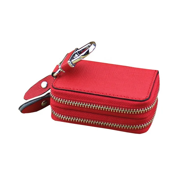 Hot Sale Double Zipper Car Key Pouch With Car Key Ring Cowhide Leather Key Holder Bag With Key Chain.jpg